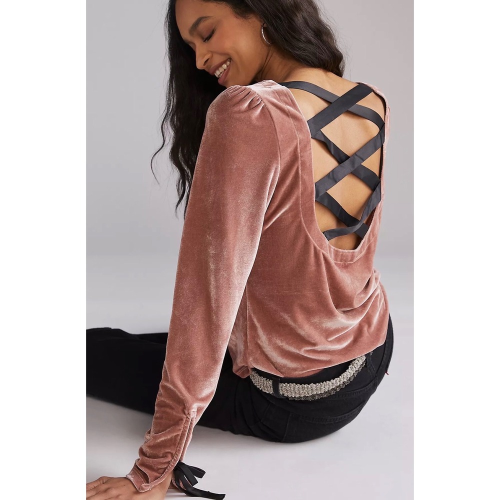 Anthropologie Velvet Top Pink Open Back Crisscross Ribbon Tie Cuff Women XS - Picture 2 of 14